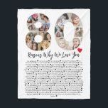 80 Reasons Why We Love You 80th Birthday Collage Fleece Blanket<br><div class="desc">Celebrate love and create lasting memories with this Reasons Why I Love You Photo Collage. This customizable template allows you to craft a heartfelt and personalized gift that's perfect for various occasions, from wedding anniversaries to birthdays, Valentine's Day, or just because. Reasons Why I Love You - Express your love...</div>