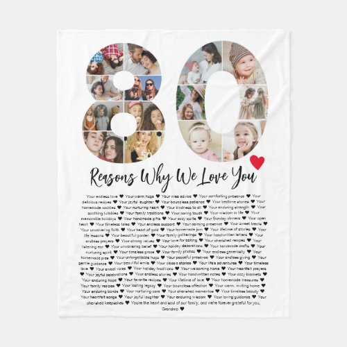 80 Reasons Why We Love You 80th Birthday Collage Fleece Blanket