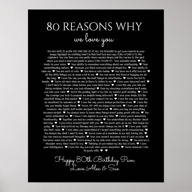 80 reasons why we love you black and white poster (Front)