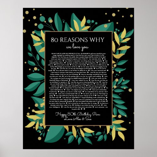 80 reasons why we love you teal black gold poster