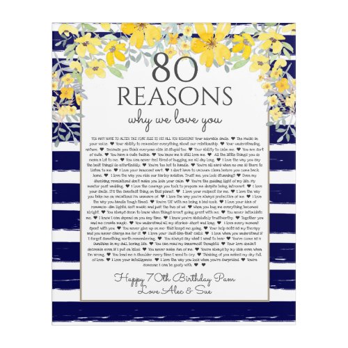 80 reasons why we love you yellow navy floral acrylic print