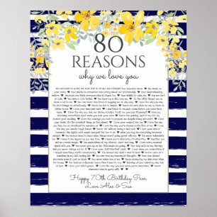 80 reasons why we love you yellow navy floral poster