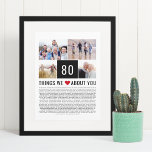 80 Things We Love About You | 80th Birthday Poster<br><div class="desc">Looking for a unique birthday gift? Compile a list of things you love them, add some photos and you have the perfect gift they will treasure. This is perfect for a milestone birthday and if you're throwing a party why not ask guests to add they things to your list ♥...</div>