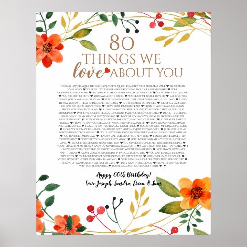 80 things we love about you orange flowers poster