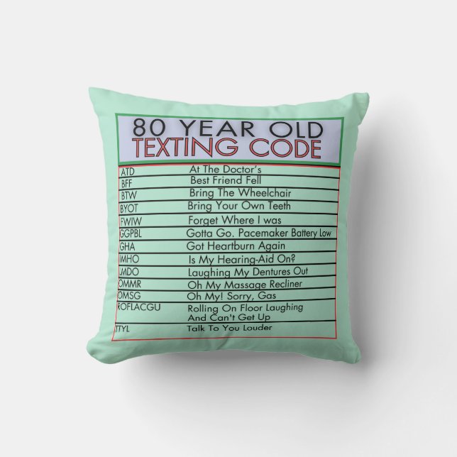 80 Year Old Texting Code Funny Birthday Seniors Throw Pillow (Front)