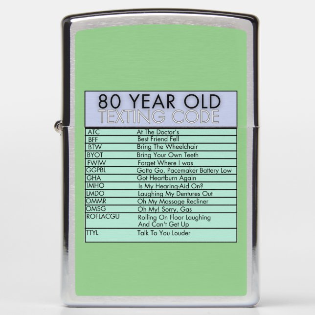 80 Year Old Texting Code Funny Birthday Seniors  Zippo Lighter (Front)
