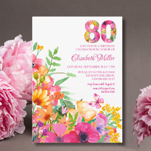 80 Years Floral Flowers - Butterfly 80th Birthday Invitation