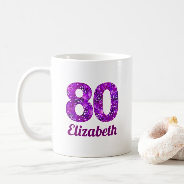 80 years gift purple flowers 80th birthday custom coffee mug (With Donut)