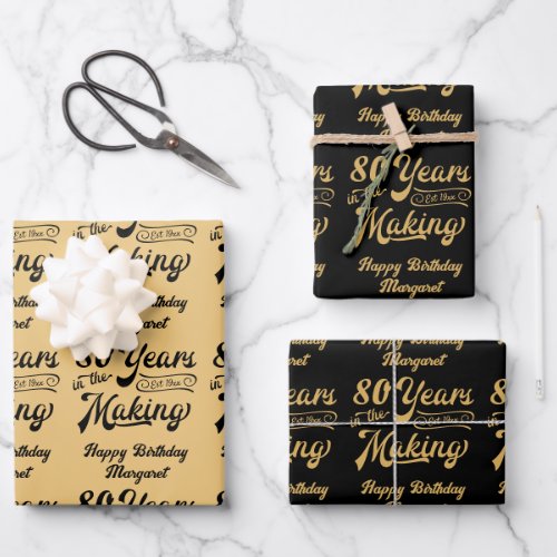 80 Years in the Making Birthday Black Gold Wrapping Paper Sheets