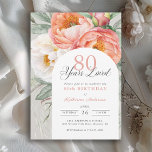 80 Years Loved Feminine Floral 80th Birthday Invitation<br><div class="desc">With elegance and charm, this peach and white watercolor floral birthday invitation celebrates "80 Years Loved". It's a beautiful sentiment to remind the guest of honor just how much they are loved and admired. The lovely invitation features a beautiful bouquet of peach and ivory white watercolor peonies, eucalyptus and trailing...</div>