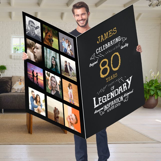 80 Years Old Photo Template Giant 80th Birthday Card (Giant 80th Birthday Card with photo collage. Black and gold vintage design.)