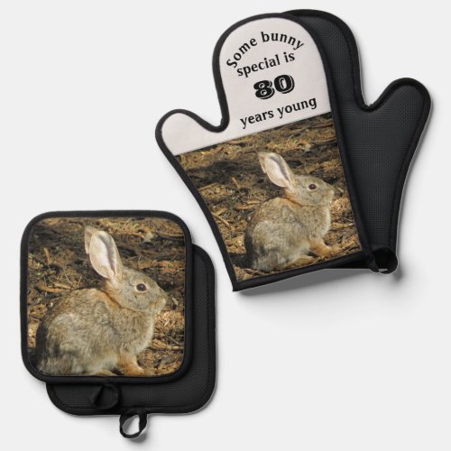 80 Years Young Adorable Rabbit Photo 80th Birthday Oven Mitt  Pot Holder Set