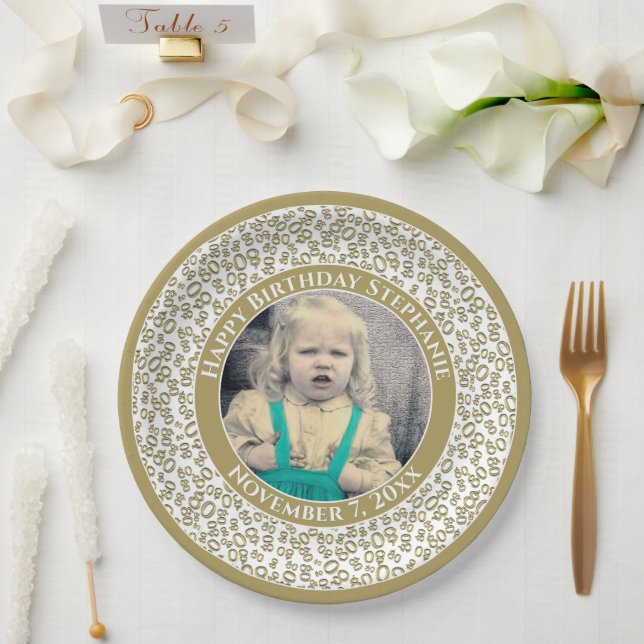 80 Your Photo Random Number Pattern Gold/White Paper Plates (Wedding)