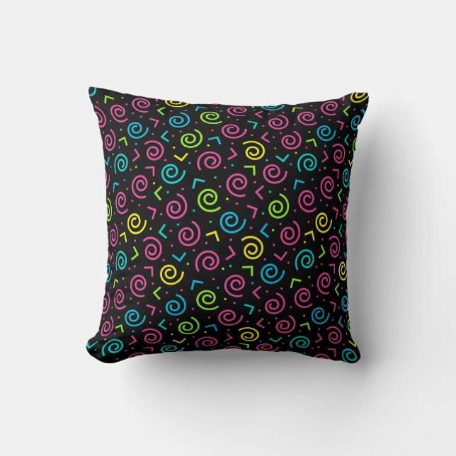 80's/90's Black & Neon Doodle Pattern Throw Pillow (Front)