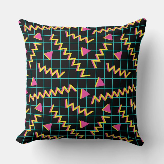 80's/90's Black & Neon Pattern Throw Pillow (Front)
