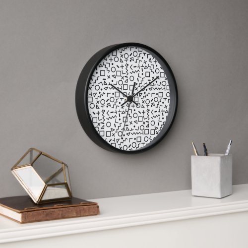 80s 90s Black  White Retro Shapes Pattern  Clock