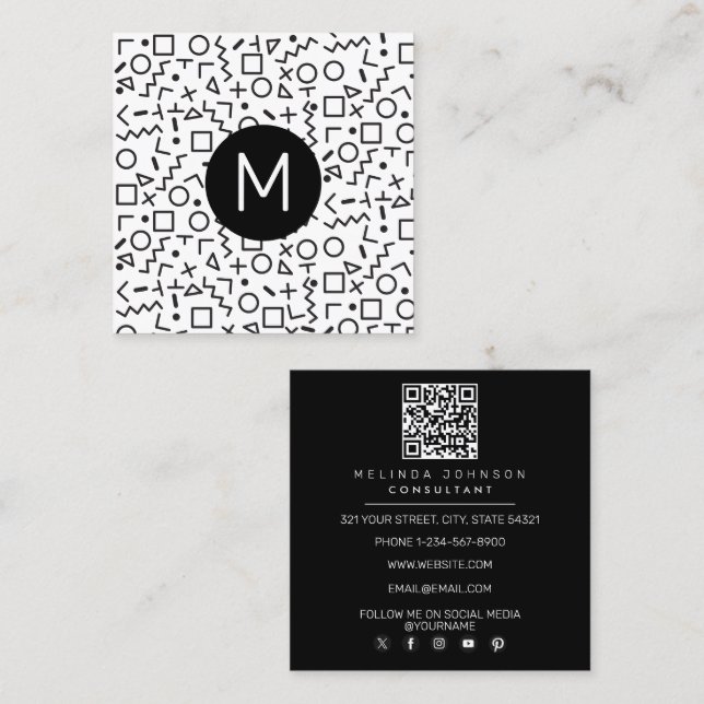 80's 90's Black & White Retro Shapes Pattern   Square Business Card (Front/Back)