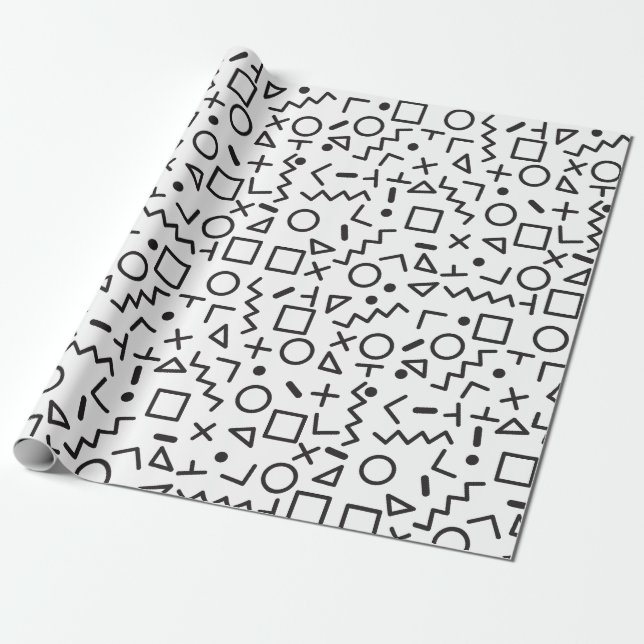 80's 90's Black & White Retro Shapes Pattern   Wrapping Paper (Unrolled)