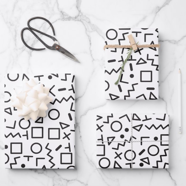 80's 90's Black & White Retro Shapes Pattern  Wrapping Paper Sheets (Front)