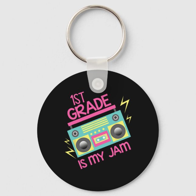 80's 90's Boombox Design 1st Grade Is My Jam  Keychain (Front)