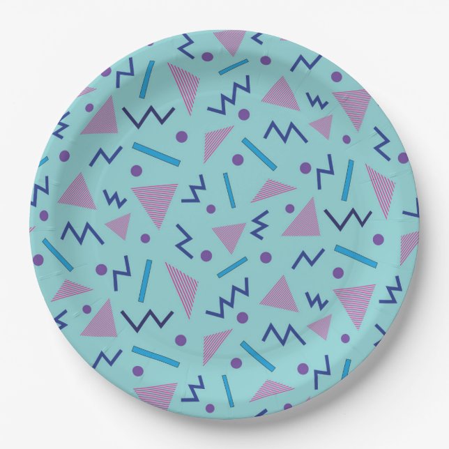 80s 90s Memphis style Geometric Blue   Paper Plates (Front)