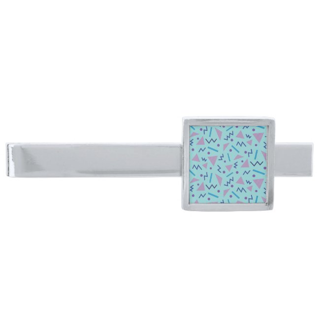 80s 90s Memphis style geometric blue  Silver Finish Tie Bar (Front)