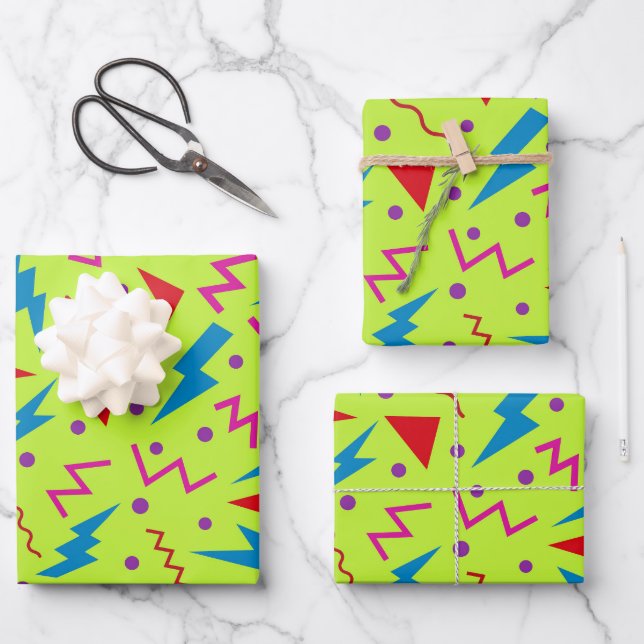 80s 90s Memphis style geometric Yellow  Wrapping Paper Sheets (Front)