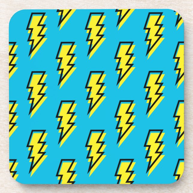 80's/90's Neon Blue Yellow Lightning Bolt Pattern Beverage Coaster (Front)