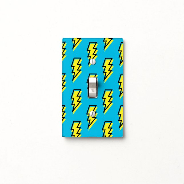 80's/90's Neon Blue Yellow Lightning Bolt Pattern Light Switch Cover (In Situ)