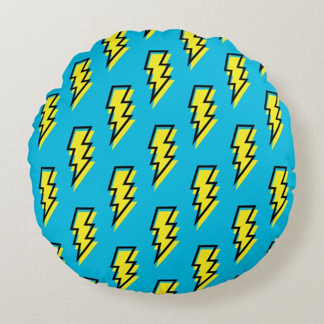 80's/90's Neon Blue Yellow Lightning Bolt Pattern Round Pillow (Front)