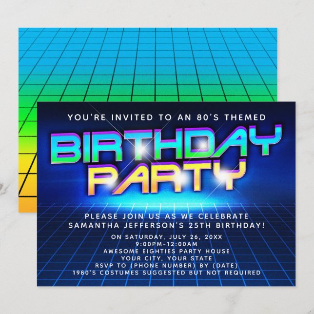 80s 90s Neon Glow Grid Eighties Birthday Party Invitation (Front/Back)
