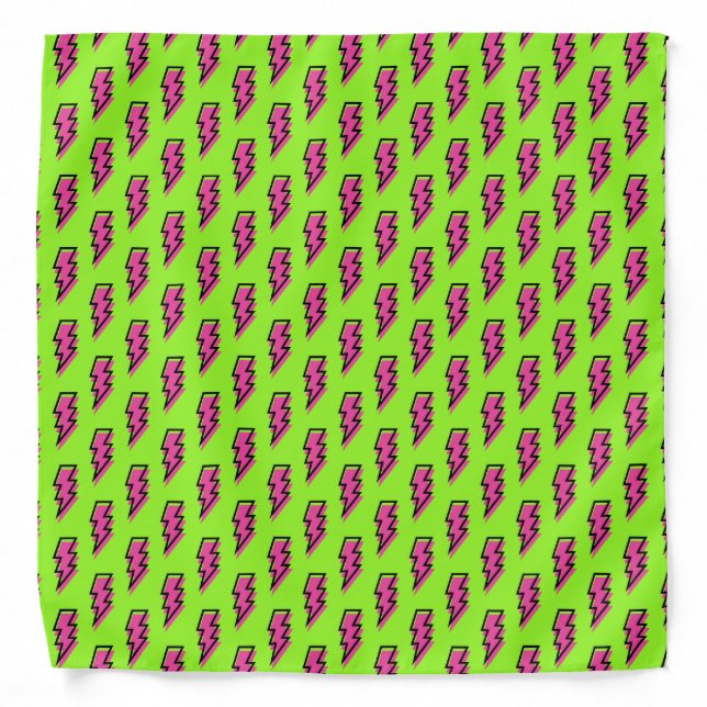 80's/90's Neon Green & Pink Lightning Bolt Pattern Bandana (Front)