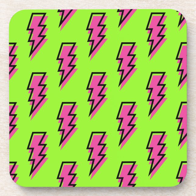 80's/90's Neon Green & Pink Lightning Bolt Pattern Beverage Coaster (Front)