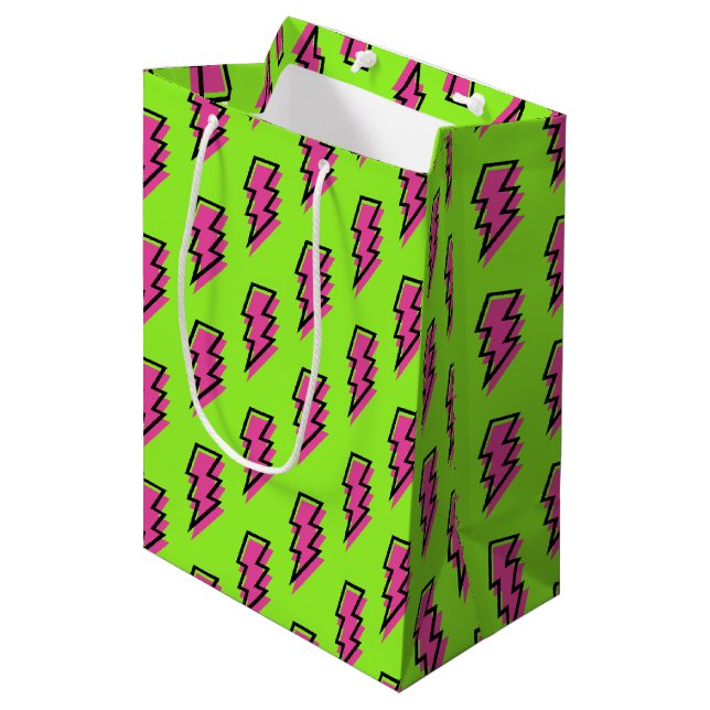 80's/90's Neon Green & Pink Lightning Bolt Pattern Medium Gift Bag (Front Angled)