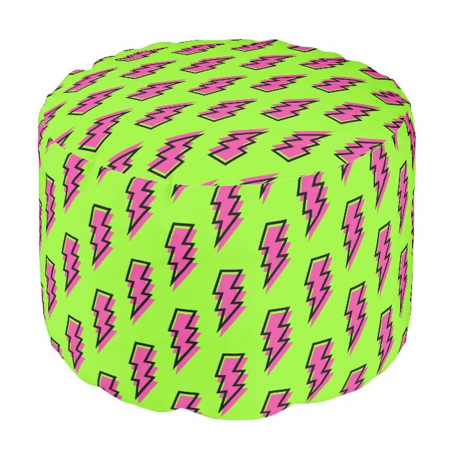 80's/90's Neon Green & Pink Lightning Bolt Pattern Pouf