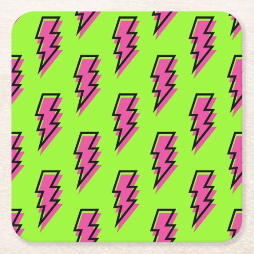 80s90s Neon Green  Pink Lightning Bolt Pattern Square Paper Coaster