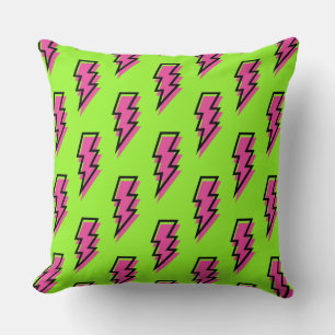 80's/90's Neon Green & Pink Lightning Bolt Pattern Throw Pillow