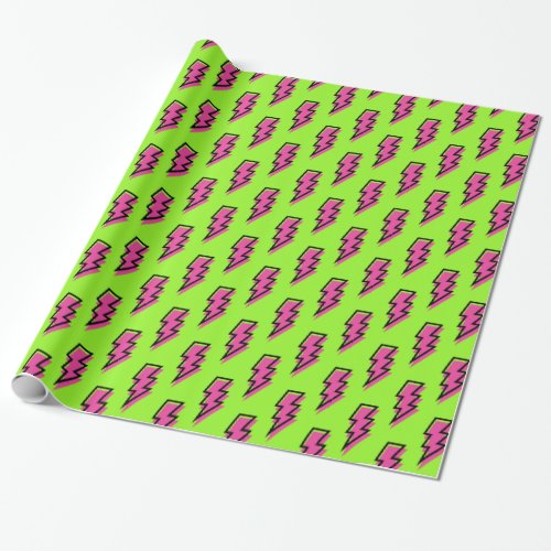 80s90s Neon Green  Pink Lightning Bolt Pattern Wrapping Paper