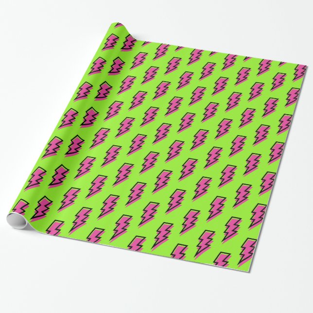 80's/90's Neon Green & Pink Lightning Bolt Pattern Wrapping Paper (Unrolled)