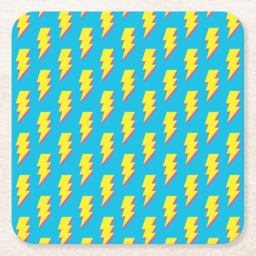80s90s Pattern Fun Blue Yellow Bolt Neon Retro Square Paper Coaster