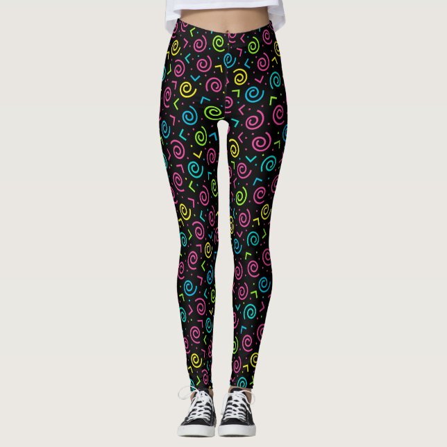 80's/90's Retro Black And Neon Doodle Pattern Leggings (Front)