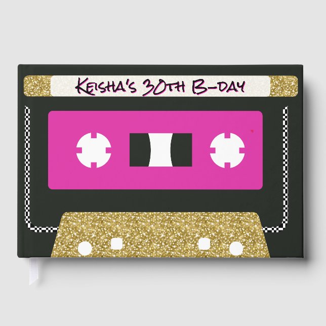 80s 90s Retro Cassette Tape Hot Pink Gold Guest Book (Front)