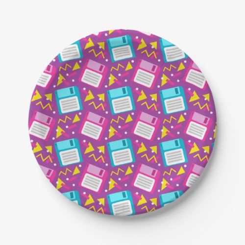 80s 90s Retro Floppy Disk Pink Blue Pattern Paper Plates