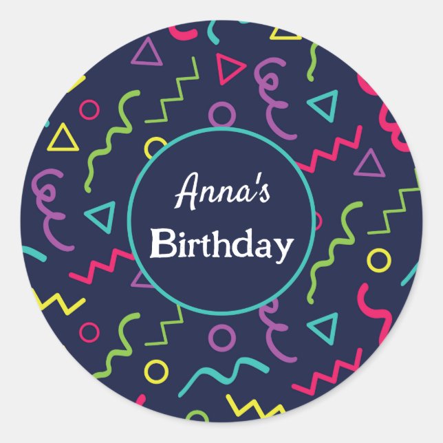80s 90s Retro Neon Memphis Pattern Birthday  Classic Round Sticker (Front)