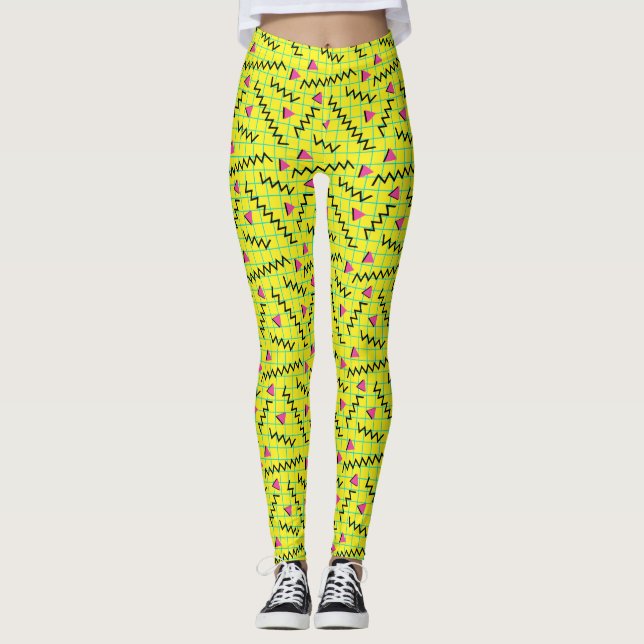 80's/90's Retro Neon Yellow Doddle Pattern Leggings (Front)
