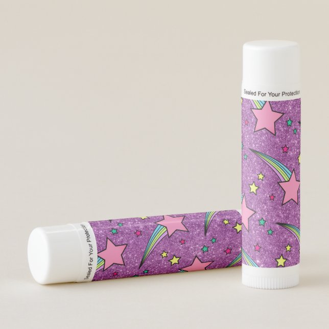 80s 90s Retro Purple Glitter Rainbow Pink Stars Lip Balm (Front)