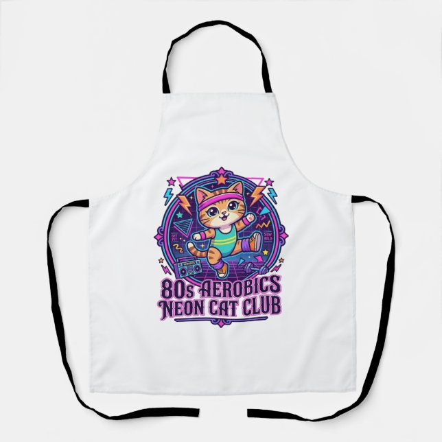 80s Aerobics Neon Cat Funny Cat Lover Design - 80s Apron (Front)