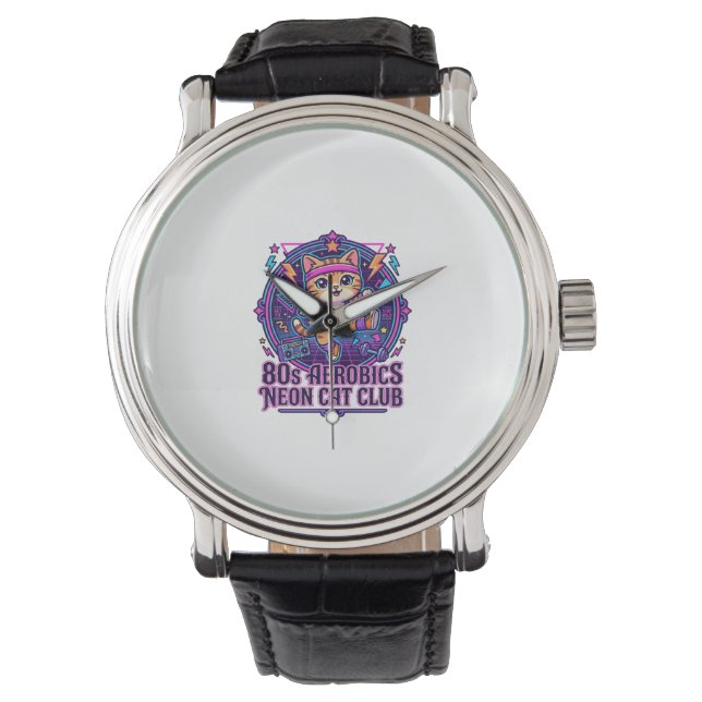 80s Aerobics Neon Cat Funny Cat Lover Design - 80s Watch (Front)