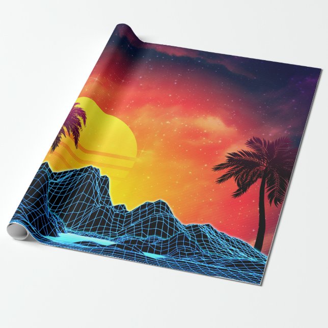 80s aesthetic retro futuristic beach design wrapping paper (Unrolled)