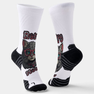80s Anime-Inspired Gray Cat Illustration Socks
